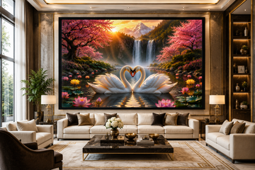 Pair of White Swans Canvas Painting for Vastu | Love, Harmony, Peace & Prosperity | Premium Nature Wall Art for Home & Office