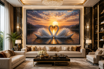 Pair of White Swans at Sunrise Canvas Painting for Vastu | Love, Harmony, Peace & Prosperity | Premium Wall Art for Home & Office