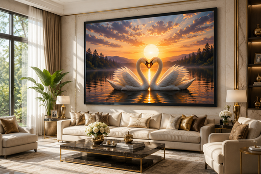 Pair of White Swans at Sunrise Canvas Painting for Vastu | Love, Harmony, Peace & Prosperity | Premium Wall Art for Home & Office
