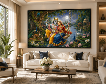 Radha Krishna Jhula Canvas Painting for Vastu | Divine Love, Peace, Prosperity & Positive Energy | Premium Spiritual Wall Art for Home & Office