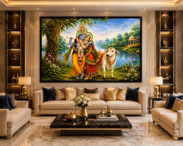 Radha Krishna with Kamdhenu Cow Canvas Painting for Vastu | Divine Love, Prosperity, Peace & Positive Energy | Premium Spiritual Wall Art