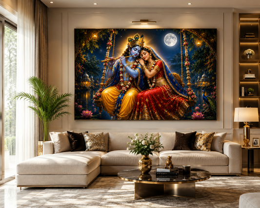 Radha Krishna Moonlight Jhula Canvas Painting for Vastu | Divine Love, Peace, Prosperity & Positive Energy | Premium Spiritual Wall Art