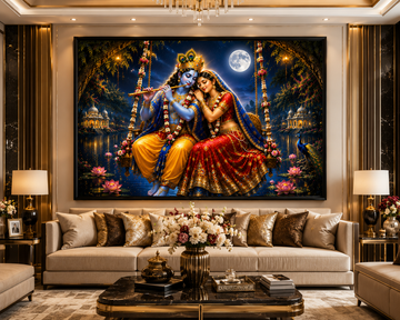 Radha Krishna Moonlight Jhula Canvas Painting for Vastu | Divine Love, Peace, Prosperity & Positive Energy | Premium Spiritual Wall Art