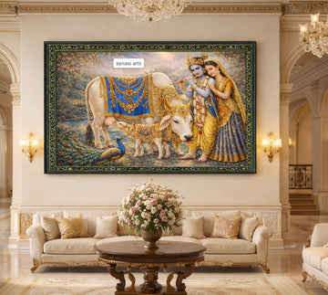 Radha Krishna with Kamdhenu Ji Printed Canvas Cloth Painting | Hindu Spiritual Wall Art | Krishna Bhakti Home Decor