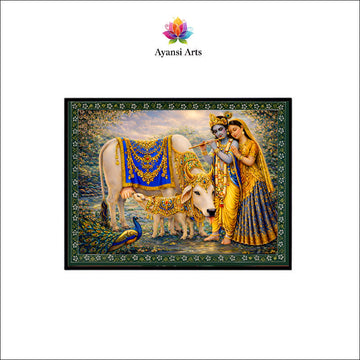 Radha Krishna with Kamdhenu Ji Printed Canvas Cloth Painting | Hindu Spiritual Wall Art | Krishna Bhakti Home Decor